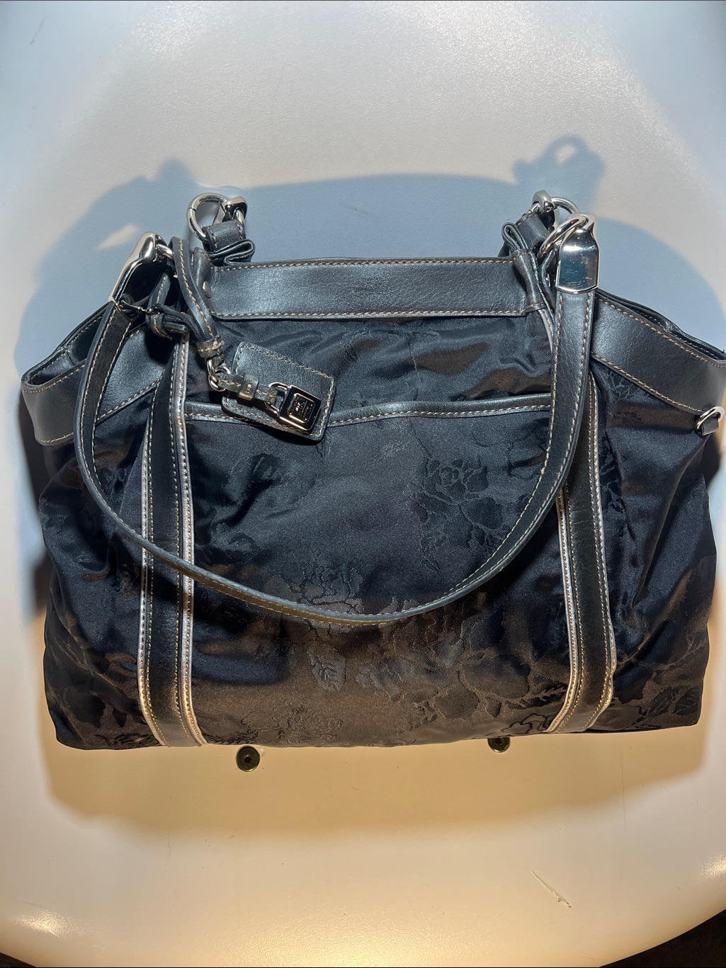 Vintage Liz Claiborne Black Floral-Jacquard Tote With Contrast Trim#(P-3)